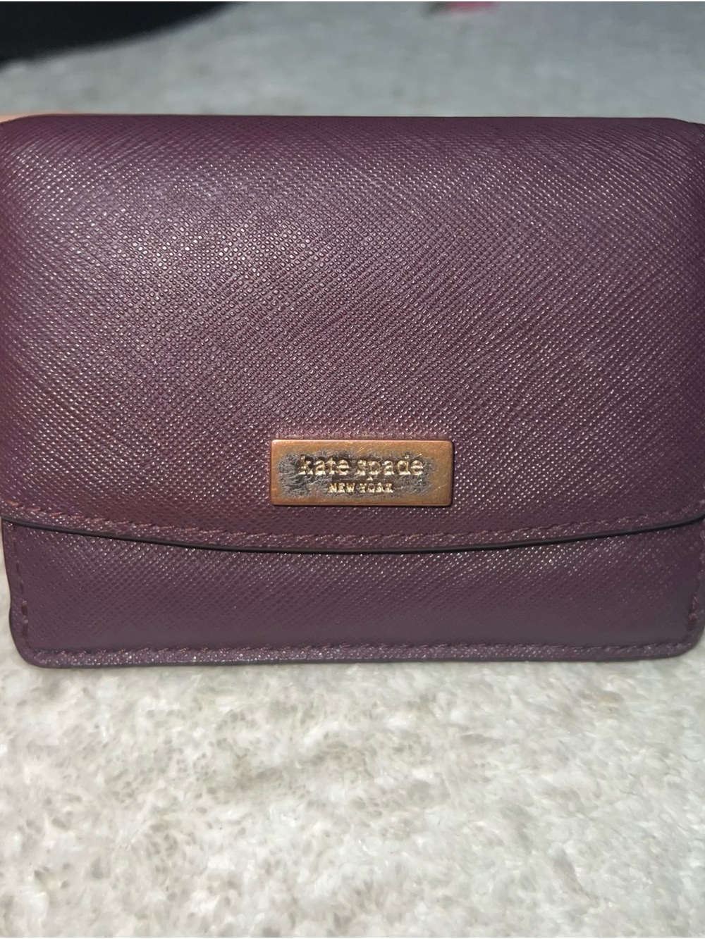 Vintage Kate Spade Small Plum Saffiano Leather Bifold Wallet with Gold Plaque